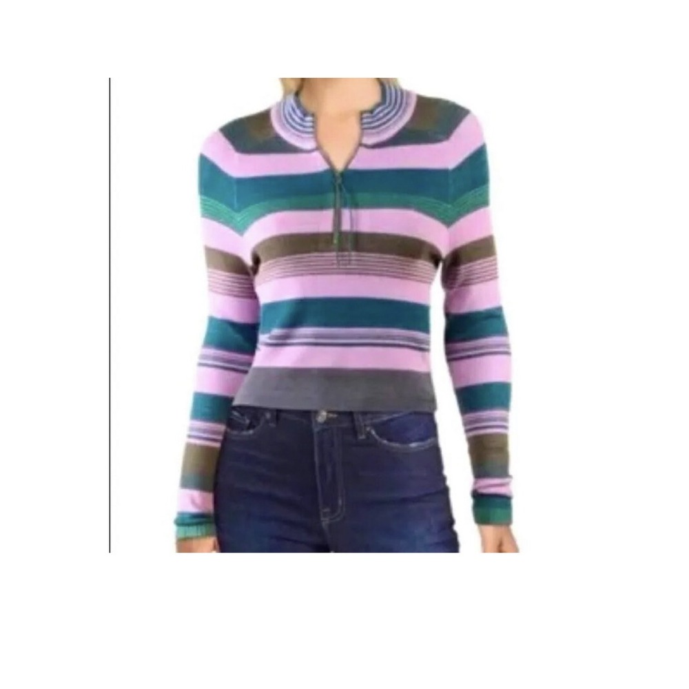 Free People Riptide Crop Quarter Zip Long Sleeve Knit Top Aprés Ski Stripe